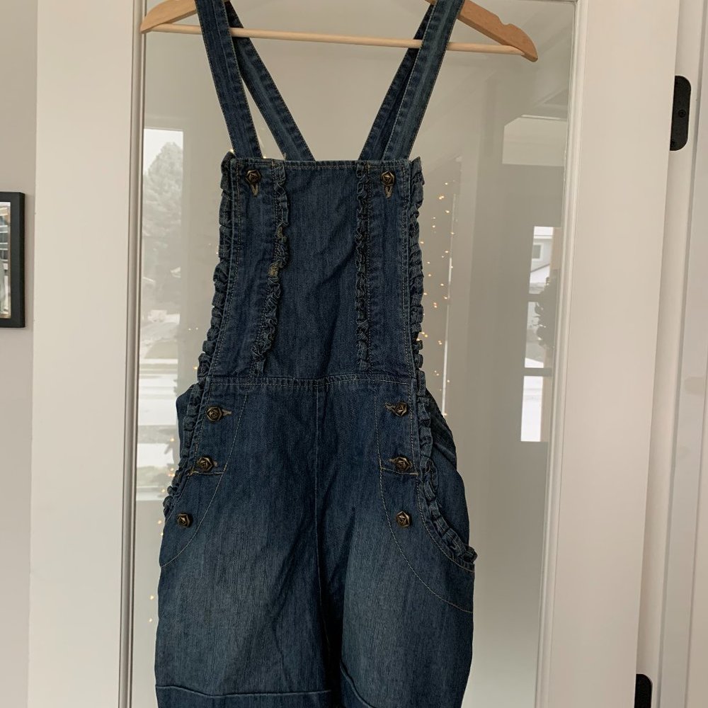 Cute ruffle denim short overalls